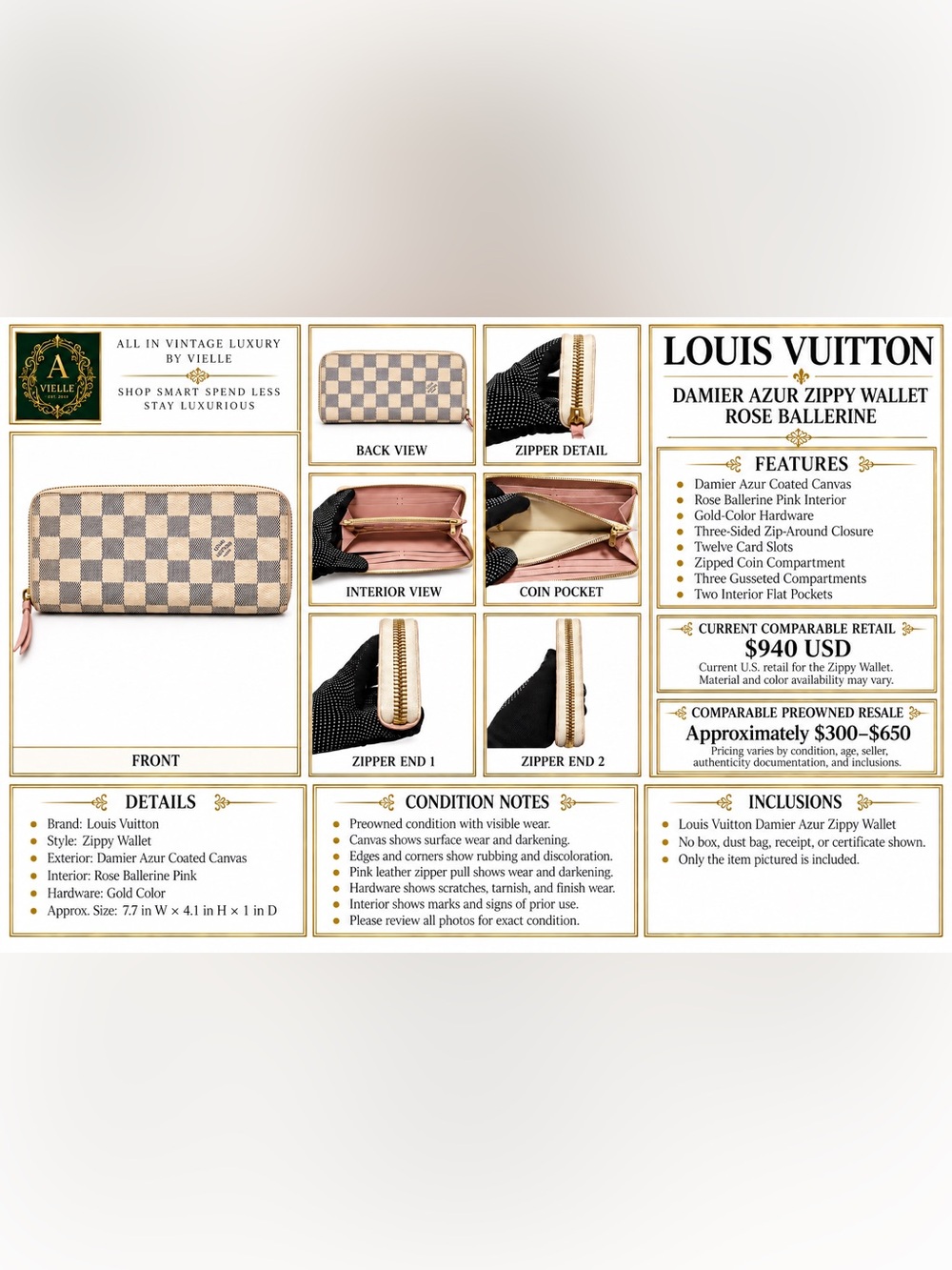 Louis Vuitton Damier Azur Zippy Wallet Rose Ballerine Pink N63503 Gold Hardware